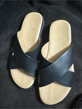Taryn Rose Black Crossband Slide Sandals with Tan Footbed